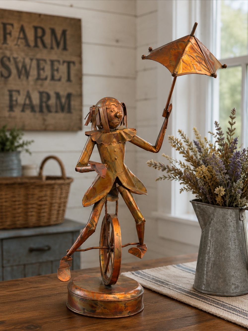 Vintage Brass Clown on Unicycle Sculpture Music Box. 1970’s Patina | 15.5”H